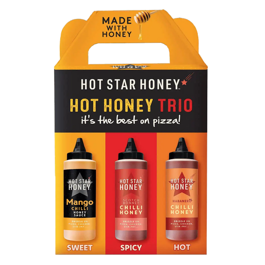 Hot Star Honey Hot Honey Sauce Trio gift set with three jars of spicy honey flavors, perfect for enhancing dishes and snacks.