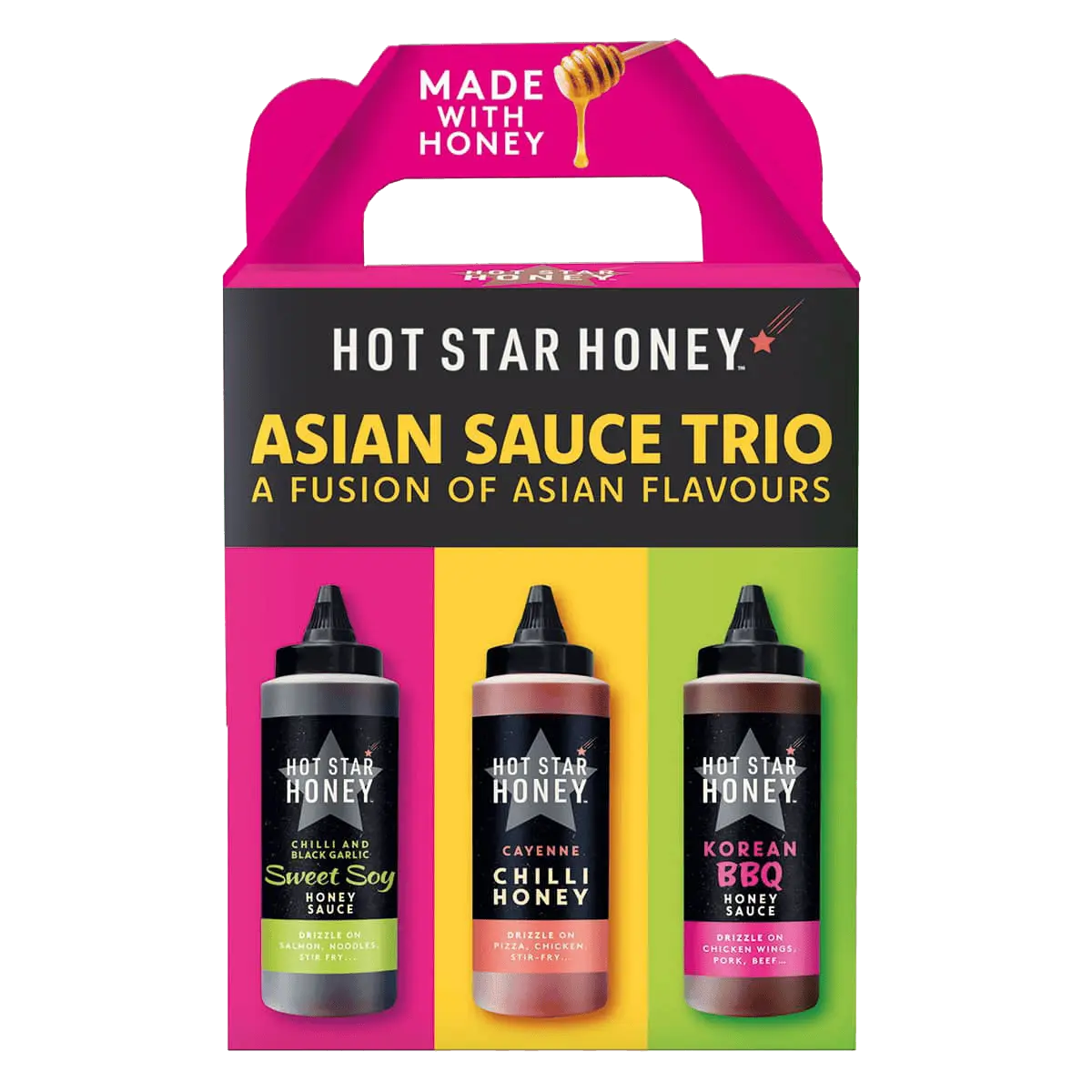 Hot Star Honey Asian Sauce Trio gift set featuring three bottles of flavorful Asian sauces in a gift packaging.