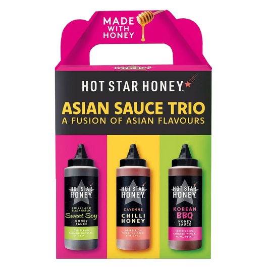 Hot Star Honey Asian Sauce Trio gift set featuring three bottles of flavorful Asian sauces in a gift packaging.