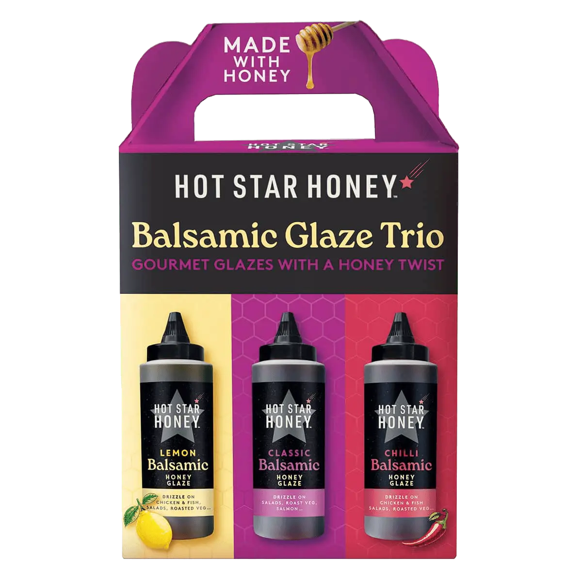 Hot Star Honey Balsamic Glaze Trio gift set featuring three small glass bottles with dark, glossy balsamic glazes on a white background.