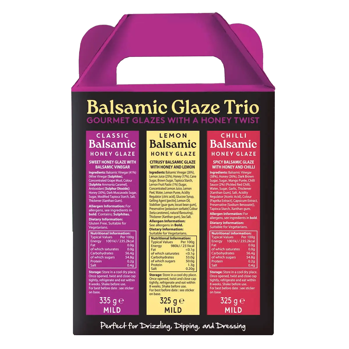 Hot Star Honey Balsamic Glaze Trio gift set with three bottles displayed against a neutral background.