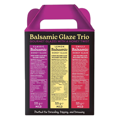 Hot Star Honey Balsamic Glaze Trio gift set with three bottles displayed against a neutral background.