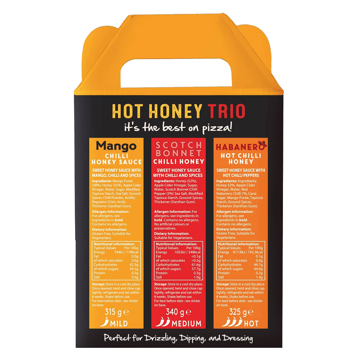 Hot Star Honey gift set featuring three bottles of hot honey sauce, displayed with a decorative background.