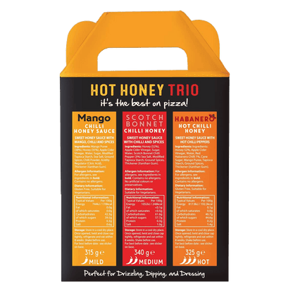 Hot Star Honey gift set featuring three bottles of hot honey sauce, displayed with a decorative background.