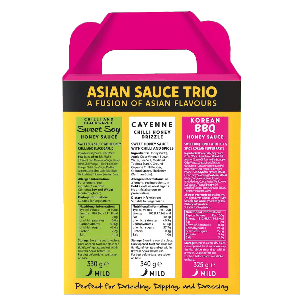 Hot Star Honey Asian Sauce Trio gift set featuring three bottles of flavorful Asian sauces on a plain background.