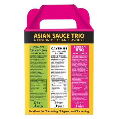 Hot Star Honey Asian Sauce Trio gift set featuring three bottles of flavorful Asian sauces on a plain background.