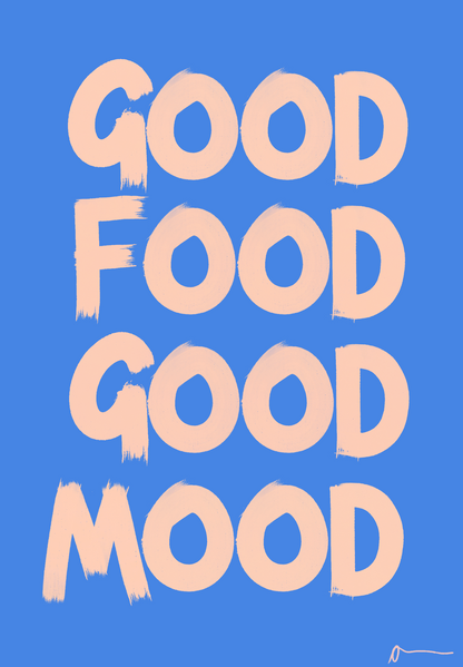 Blue typographic print featuring food and drink words in a kitchen-themed design by Peak Prints, ideal for kitchen decor.