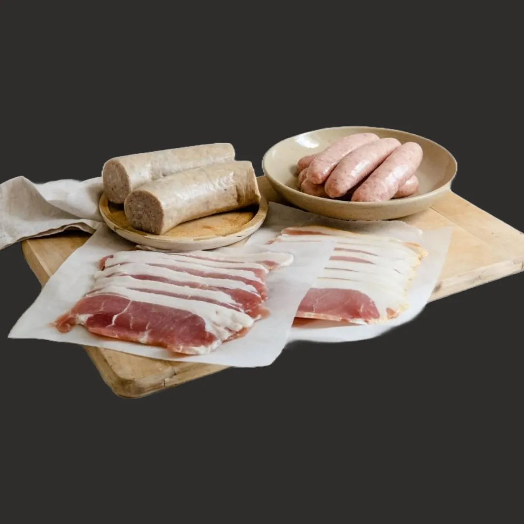 Cornish Heritage Pork Family Breakfast Box from Primrose Herd with assorted cuts of fresh pork meat in a box.