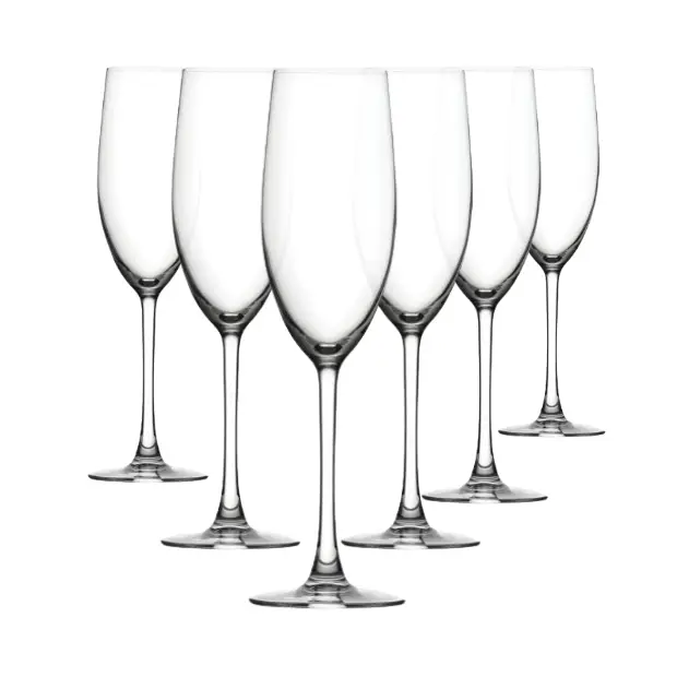 Set of six Glassware UK Reserva Glass Flute Act Max champagne flutes, 240ml, clear glass with elegant stem design.