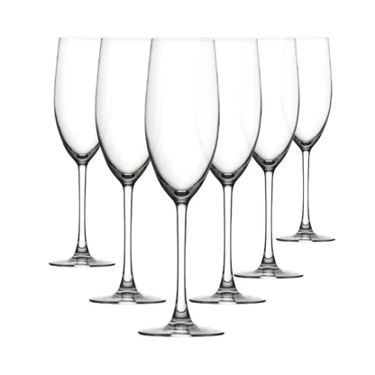 Set of six Glassware UK Reserva Glass Flute Act Max champagne flutes, 240ml, clear glass with elegant stem design.