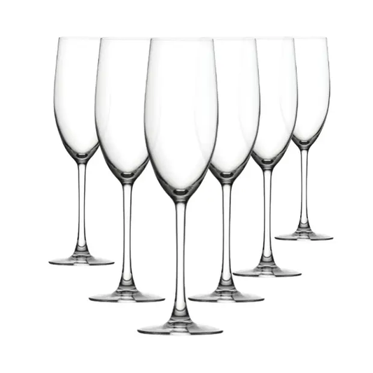 Set of six Glassware UK Reserva Glass Flute Champagne glasses, 240ml, clear and elegant with slender stems.