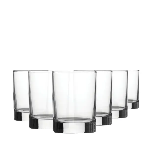 Set of six 170ml Glassware UK whisky tumblers with clear glass, rounded shape, and smooth rims.