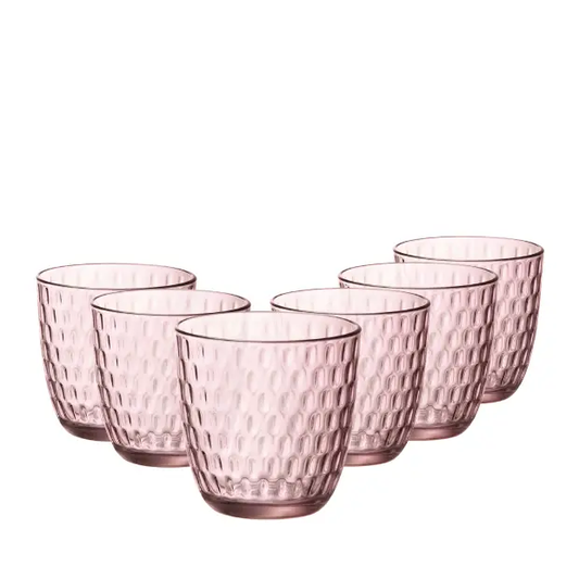 Set of 6 Bormioli Rocco Slot water glasses in lilac rose, 290ml whisky tumblers with elegant design by Glassware UK