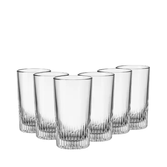 Set of six Bormioli Rocco Graphics 450ml whisky tumblers with clear glass, ideal for enjoying drinks in a stylish glassware set.