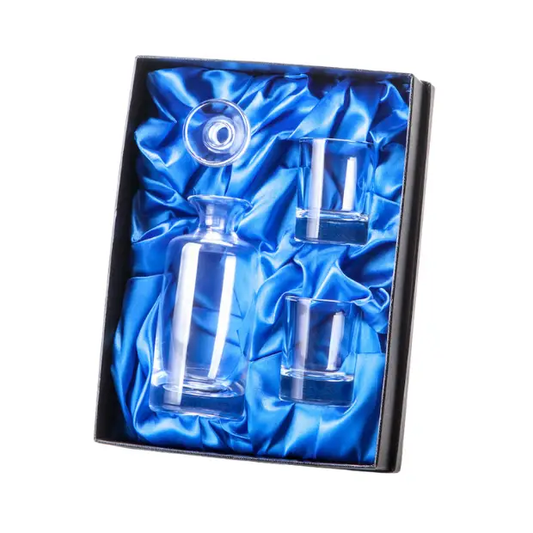 Handmade 0.15L glass decanter with two shot glasses in a gift set, elegant glassware from Glassware UK.