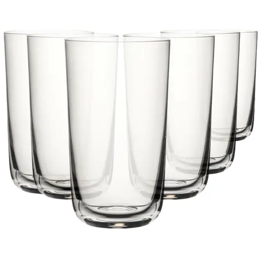 Set of six Glassware UK Raffles highball glasses, 420ml whisky tumblers with clear glass and smooth cylindrical shape.