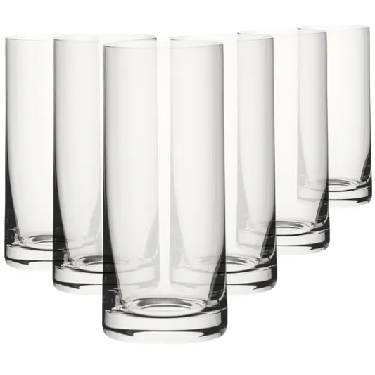 Set of six Glassware UK classic 440ml whisky tumblers with highball glass shape, clear glass, and smooth rims.