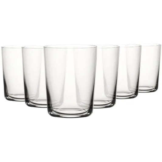 Set of six 340ml Glassware UK whisky tumblers with clear glass and classic design for serving spirits.