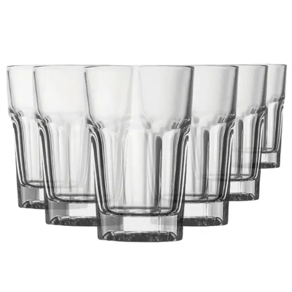 Set of six Casablanca whisky tumblers by Glassware UK, 280ml water glasses with clear, elegant design.