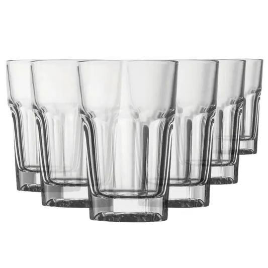 Set of six Casablanca whisky tumblers by Glassware UK, 280ml water glasses with clear, elegant design.