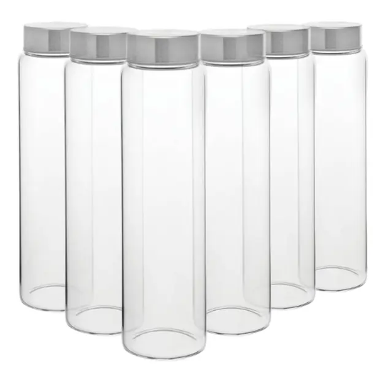 Set of six 1-liter screw top glass bottles by Glassware UK, clear transparent bottles with secure screw caps for storage.