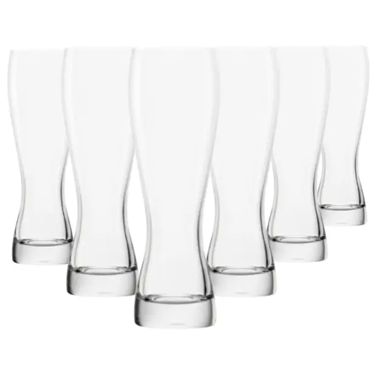 Set of six Stolzle 670ml beer tankards from Glassware UK, clear glass with sturdy handles, ideal for serving beer.