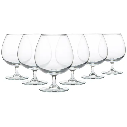 Set of six Glassware UK Brandy Balloon Glasses, 550ml whisky tumblers with rounded bowls and sturdy stems for elegant serving.
