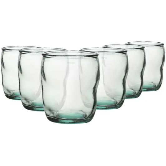 Set of six Glassware UK Authentico recycled low glass whisky tumblers, 350ml capacity, clear glass with a simple design.