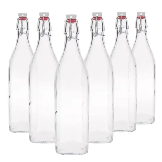 Set of six Bormioli Rocco 1L square swing top glass bottles with airtight lids, ideal for storing liquids or homemade beverages.