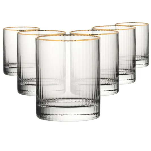 Set of 6 Hayworth Gold Rimmed Whisky Tumblers from Glassware UK, 320ml, elegant glassware with gold accents.