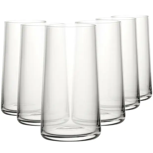 Set of six Glassware UK Mode highball glasses, 430ml whisky tumblers with clear glass and sleek design.