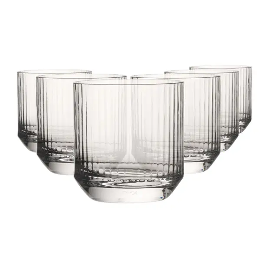 Set of six Glassware UK Big Top DOF whisky tumblers, 320ml capacity, clear glass with sturdy design, perfect for enjoying whisky.