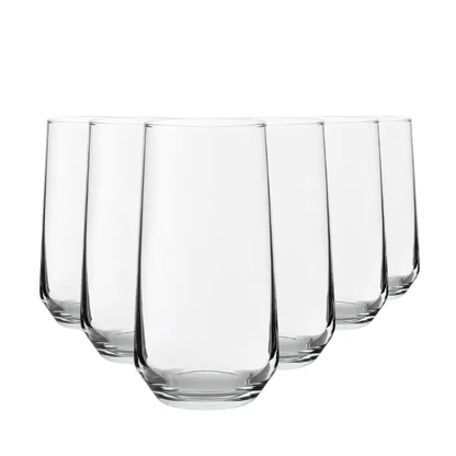 Set of six Allegra long drink glasses by Glassware UK, 470ml capacity, clear glass with elegant design.