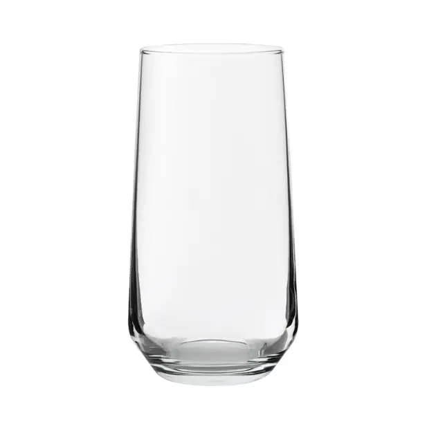 Set of six Allegra long drink glasses by Glassware UK, 470ml capacity, clear crystal glassware for beverages.