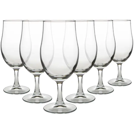 Six Glassware UK draft stemmed beer tankards, 375ml capacity, clear glass with sturdy handles, set of 6 for beer serving.