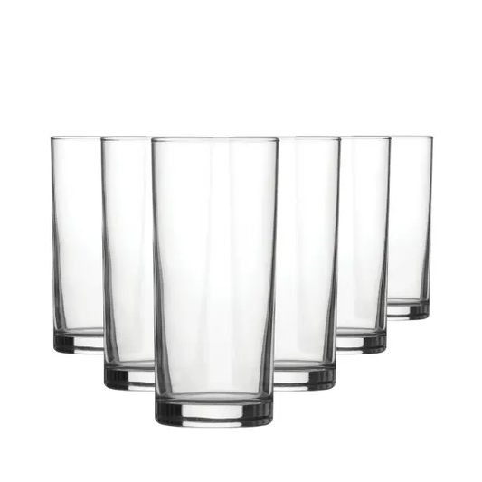 Set of six Glassware UK highball whisky tumblers, 340ml, clear glass with smooth cylindrical shape, ideal for cocktails or spirits.