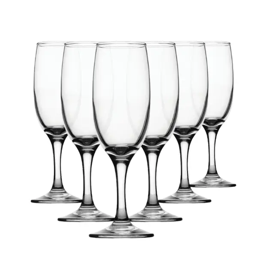 Set of six clear 190ml Champagne Flutes by Glassware UK, showcasing elegant tall glassware for celebratory drinks.