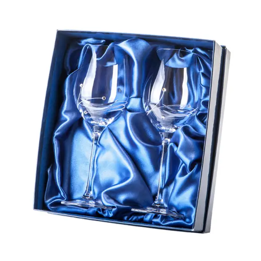 Set of two Glassware UK Diamante wine glasses with spiral cut design in a gift box, elegant and sparkling for special occasions.