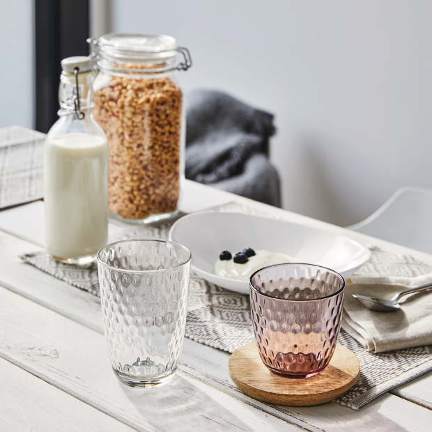 Set of six Bormioli Rocco Slot water glasses, 290ml whisky tumblers showing clear glass with a simple, elegant design.