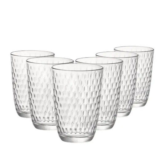 Set of six Bormioli Rocco Slot highball water glasses, 390ml whisky tumblers from Glassware UK, clear glass with a sleek design.