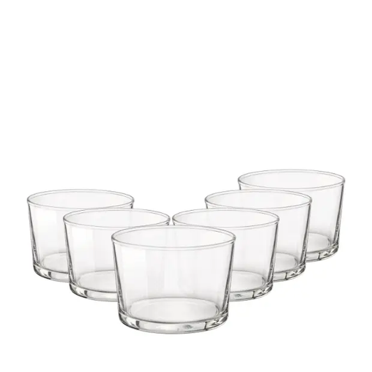 Set of six Bormioli Rocco Bodega mini whisky tumblers, 225ml glassware with clear, sleek design for sipping spirits.