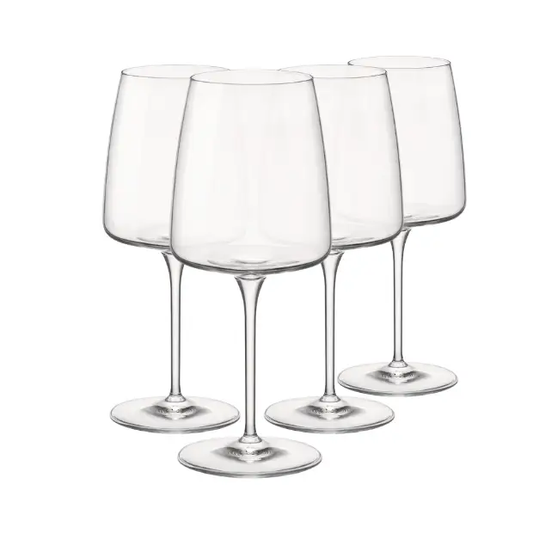 Set of four Bormioli Rocco Planeo red wine glasses, 480ml, clear glassware with a tall, elegant design for wine drinking.