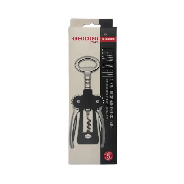 Black Ghidini Winged Corkscrew with professional spiral for opening wine bottles, featuring ergonomic design and sturdy construction.