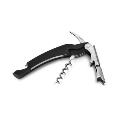 Black Ghidini 2-step waiter's corkscrew with ergonomic handle, designed for easy wine bottle opening and cork removal.