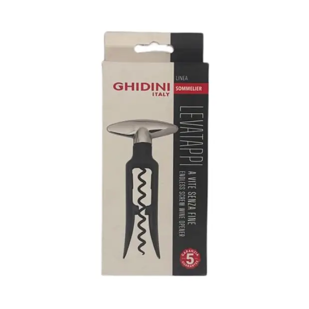 Black Ghidini Endless Screw Wine Opener accessory with sleek design, perfect for opening wine bottles effortlessly.