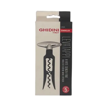 Black Ghidini Endless Screw Wine Opener accessory with sleek design, perfect for opening wine bottles effortlessly.