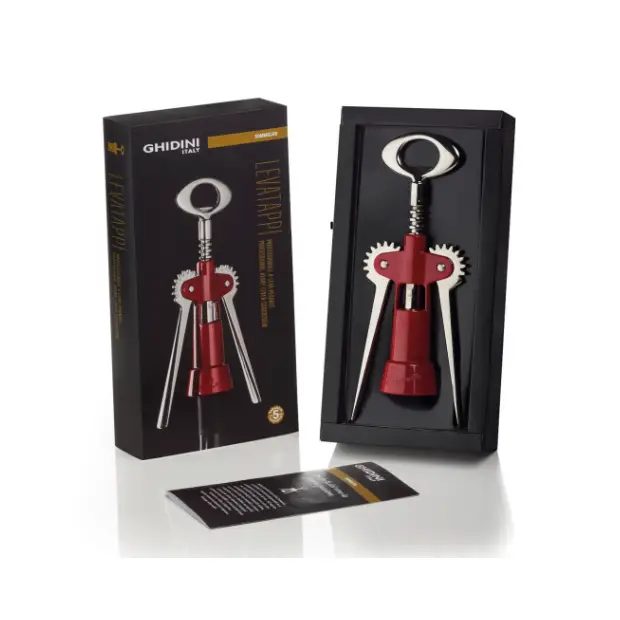 Red Ghidini Tavernello corkscrew in gift box, a stylish wine accessories tool with a sleek metal handle and corkscrew tip.