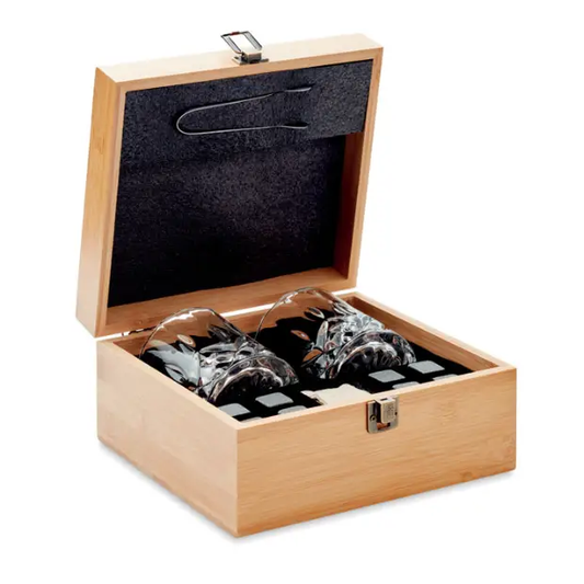 Luxury Bamboo gift set featuring two tumblers in a stylish bamboo box by Glassware UK, perfect for elegant gift-giving.