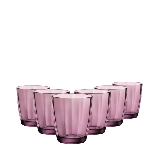 Set of six Bormioli Rocco Pulsar purple whisky tumblers, 310ml glassware with vibrant purple color and sleek design.