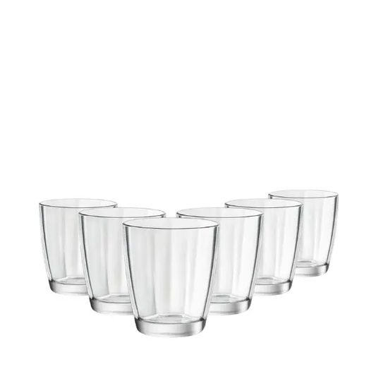 Set of six Bormioli Rocco Pulsar clear whisky tumblers, 310ml glassware with sleek, modern design for drinking water or spirits.